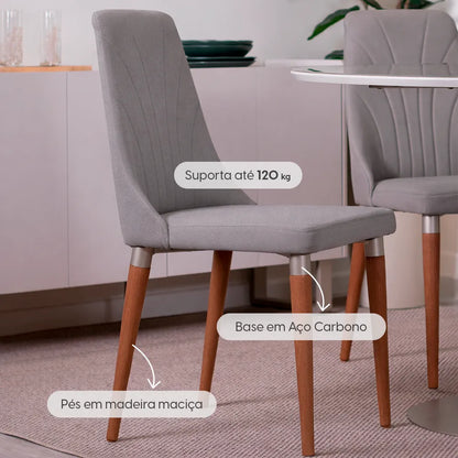 Conjunto de 8 Cadeiras de Madeira Maciça Estofada Lara - Natural c/ Linho Cinza - Champanhe