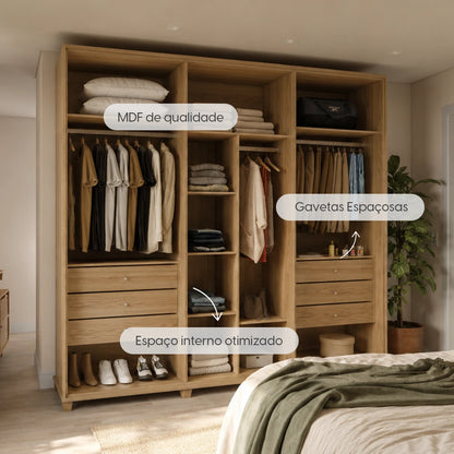 Guarda-Roupa Casal com Espelho 6 Portas 6 Gavetas 100% MDF Dayton 275 cm - Carvalho c/ Off White