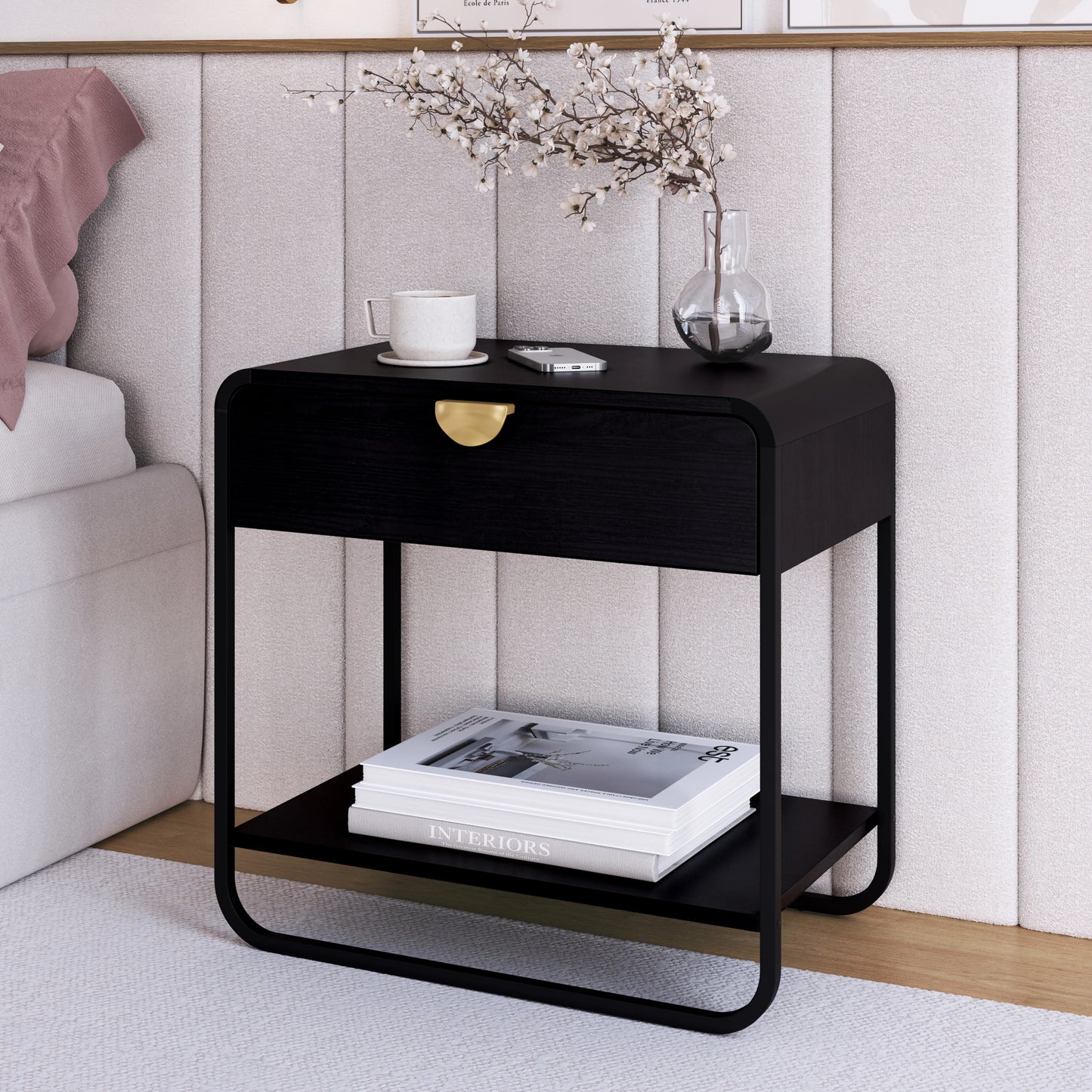 Mesa de Cabeceira com 1 Gaveta Dunna 60 cm - Preto c/ Dourado