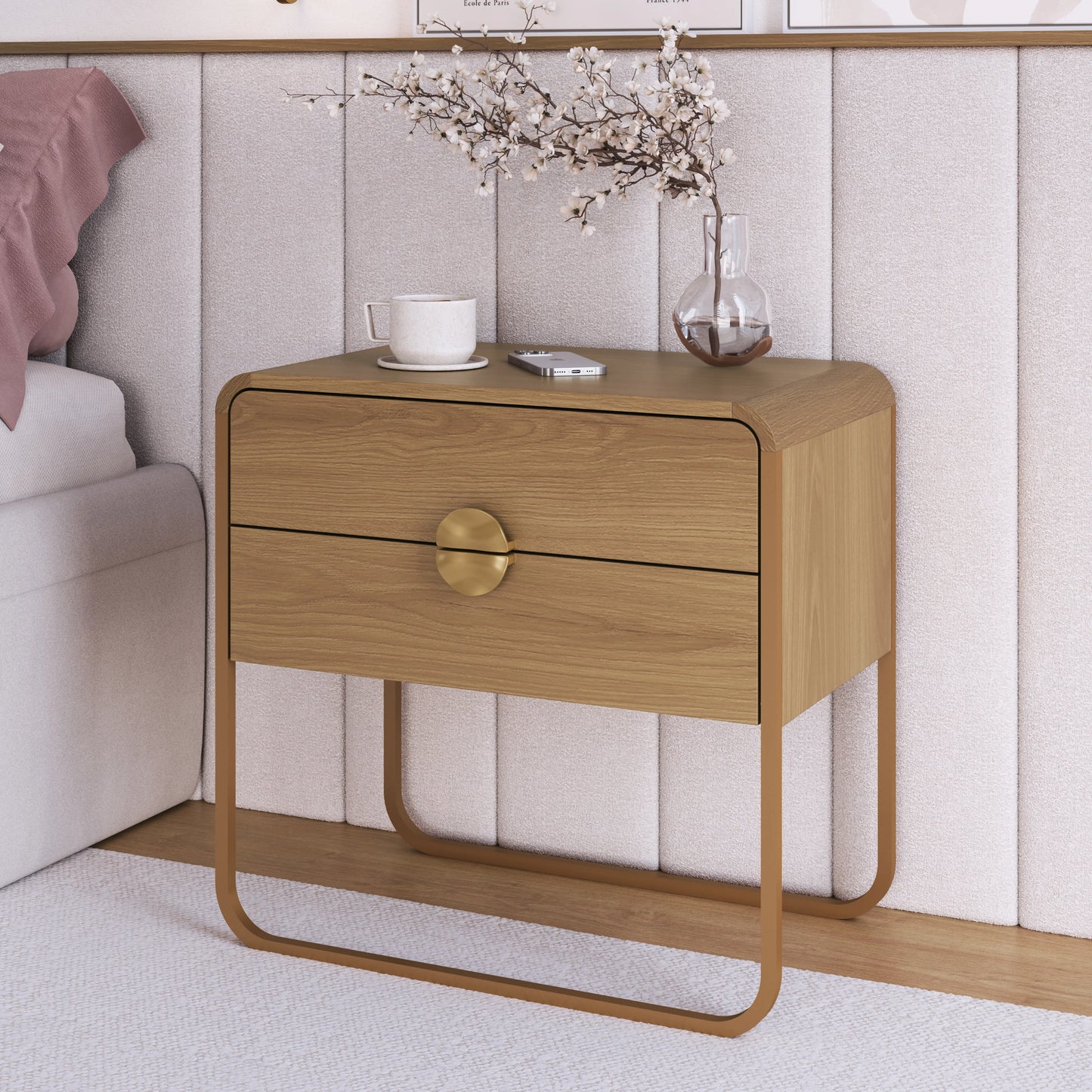 Mesa de Cabeceira com 2 Gavetas Dunna 60 cm - Mel c/ Dourado