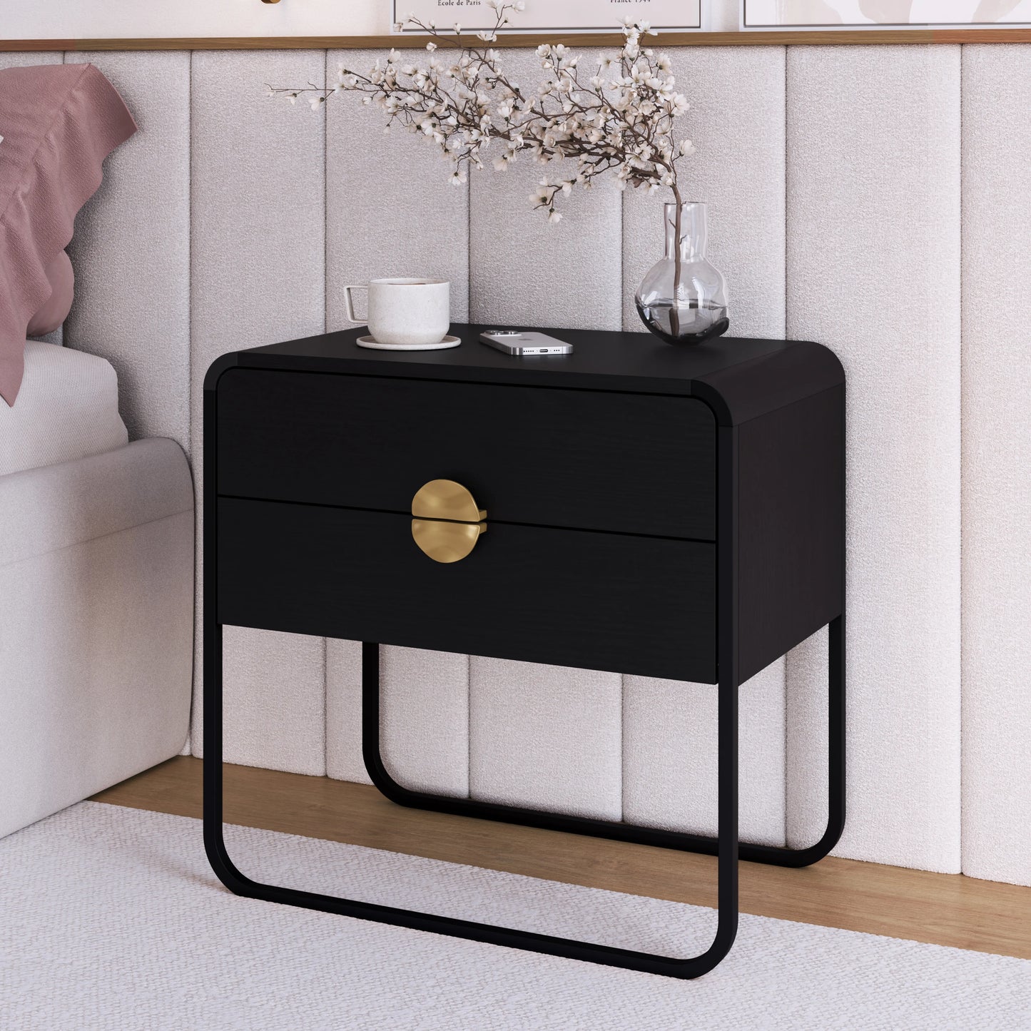 Mesa de Cabeceira com 2 Gavetas Dunna 60 cm - Preto c/ Dourado