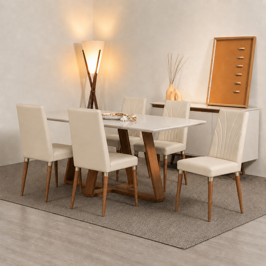 Conjunto de Jantar Mesa Retangular com Vidro Avena 6 Cadeiras Lara - Canella c/ PU Off White