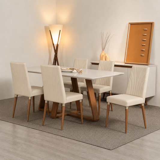 Conjunto de Jantar Mesa Retangular com Vidro Avena 6 Cadeiras Lara Canella c/ PU Off White