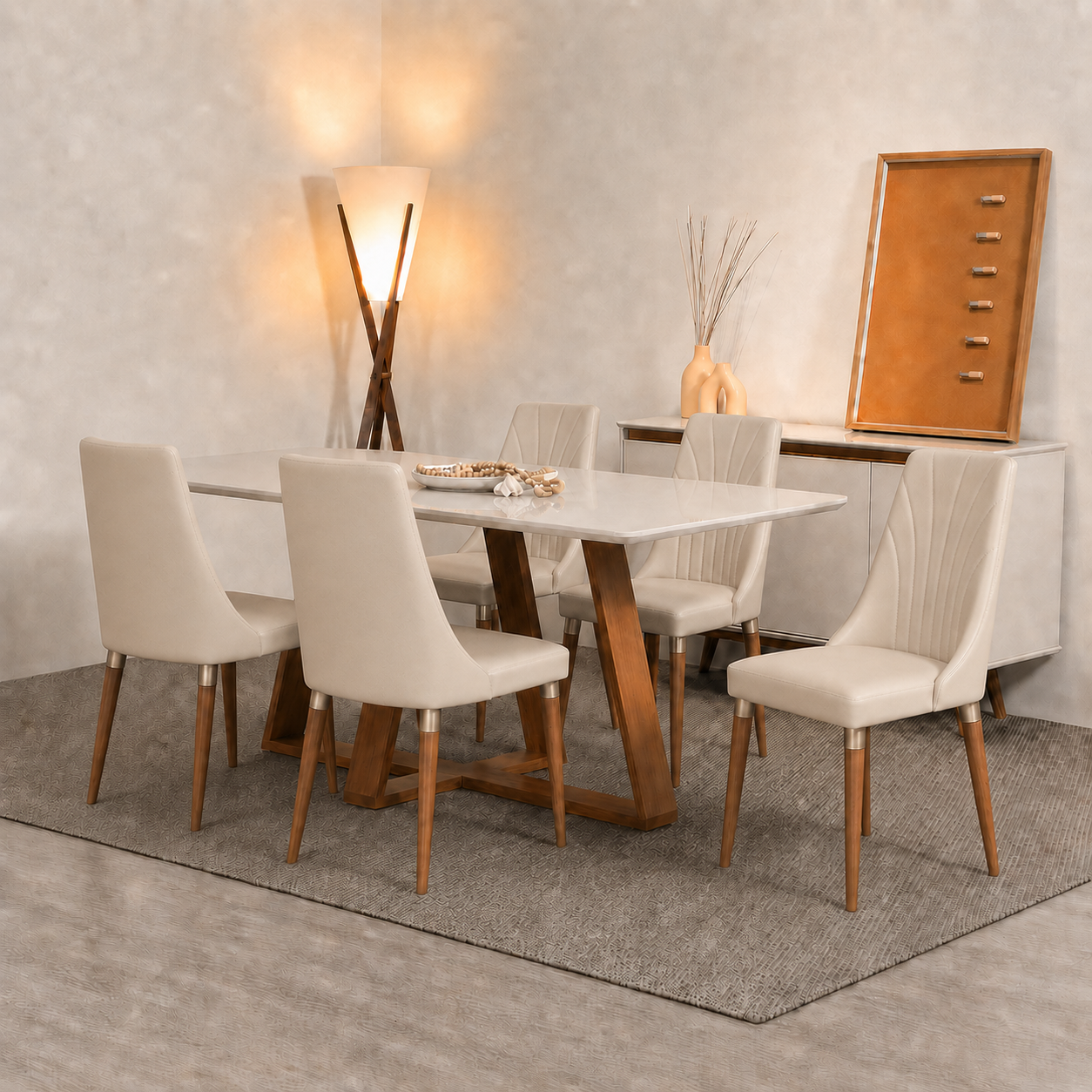 Conjunto de Jantar Mesa Retangular com Vidro Avena 6 Cadeiras Lara - Canella c/ PU Off White