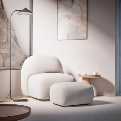 Conjunto Poltrona Giratória e Puff Estofados Aurora - Linho Texturizado Off White