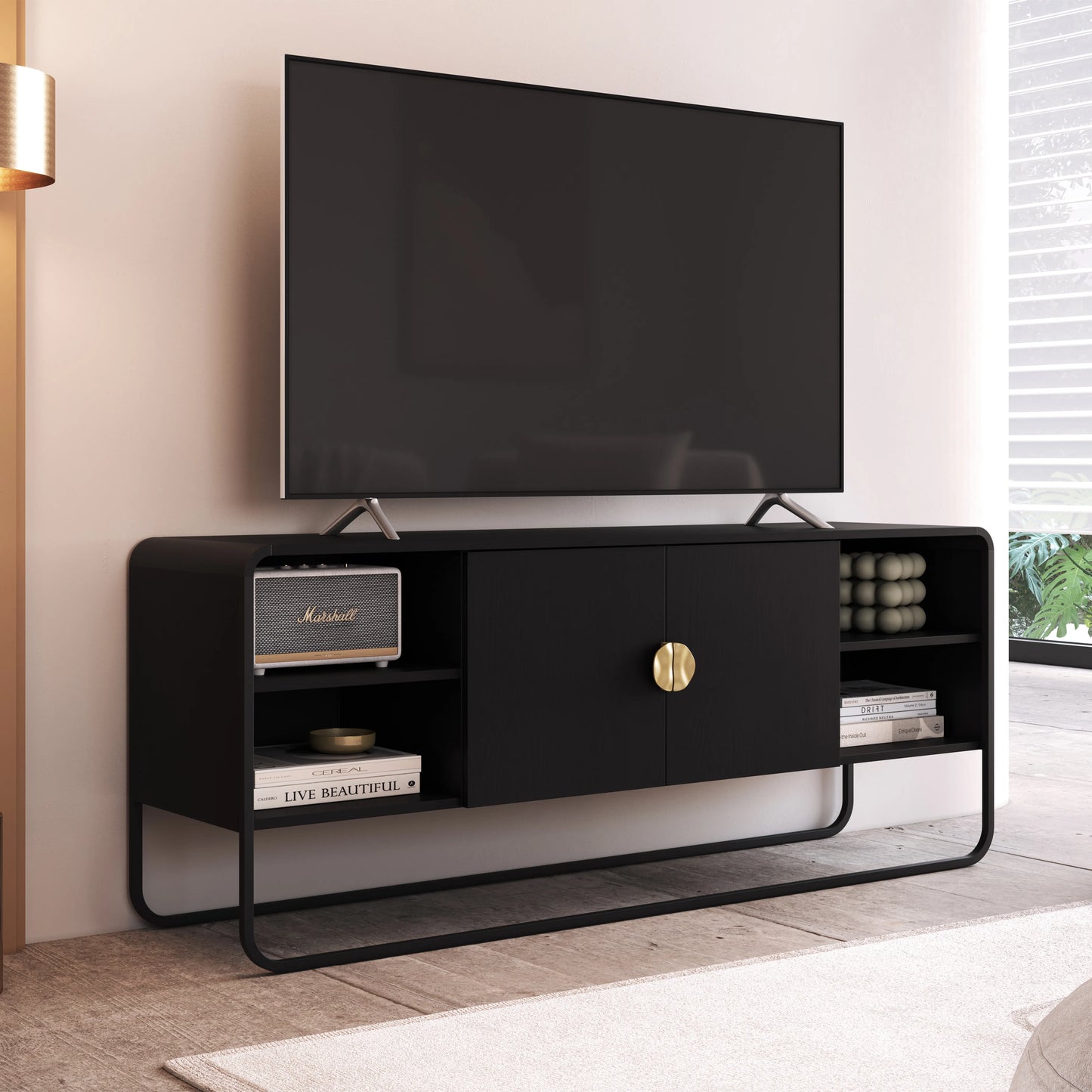 Rack para TV Até 55" 2 Portas Dunna 150 cm - Preto c/ Dourado