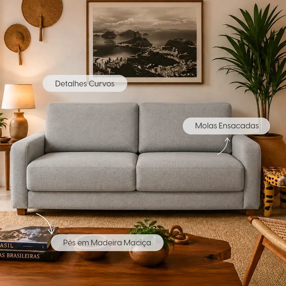 Sofá 3 Lugares Capri 190 cm - Linho Texturizado Cinza c/ Natural