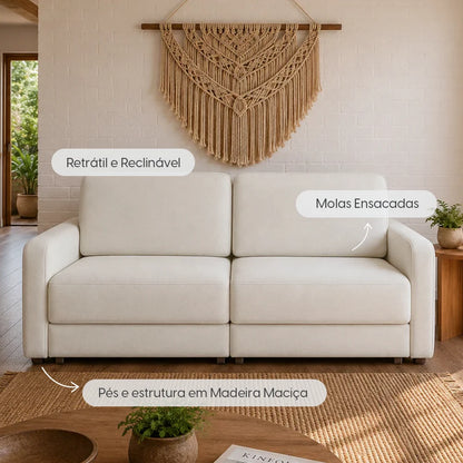 Sofá Cama Retrátil e Reclinável 3 Lugares Hudson 190 cm - Linho Texturizado Bege