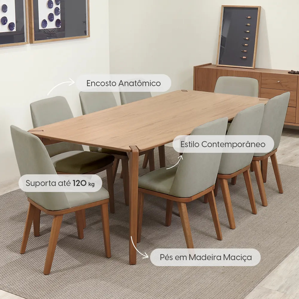 Conjunto de Jantar Mesa Retangular Harmony 8 Cadeiras Kalina - Natural c/ Carbono