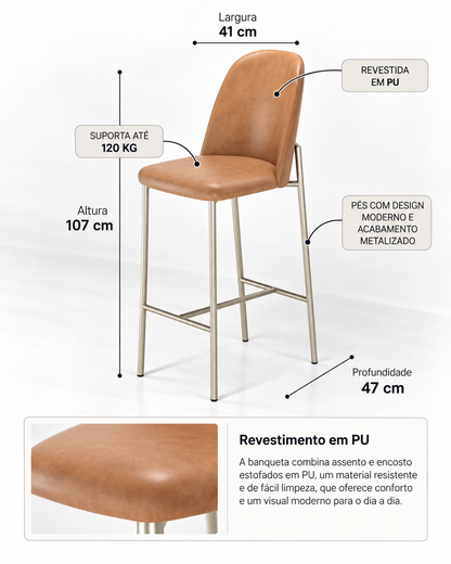 Banqueta Alta de Aço Estofada Lucille - Champanhe c/ PU Caramelo