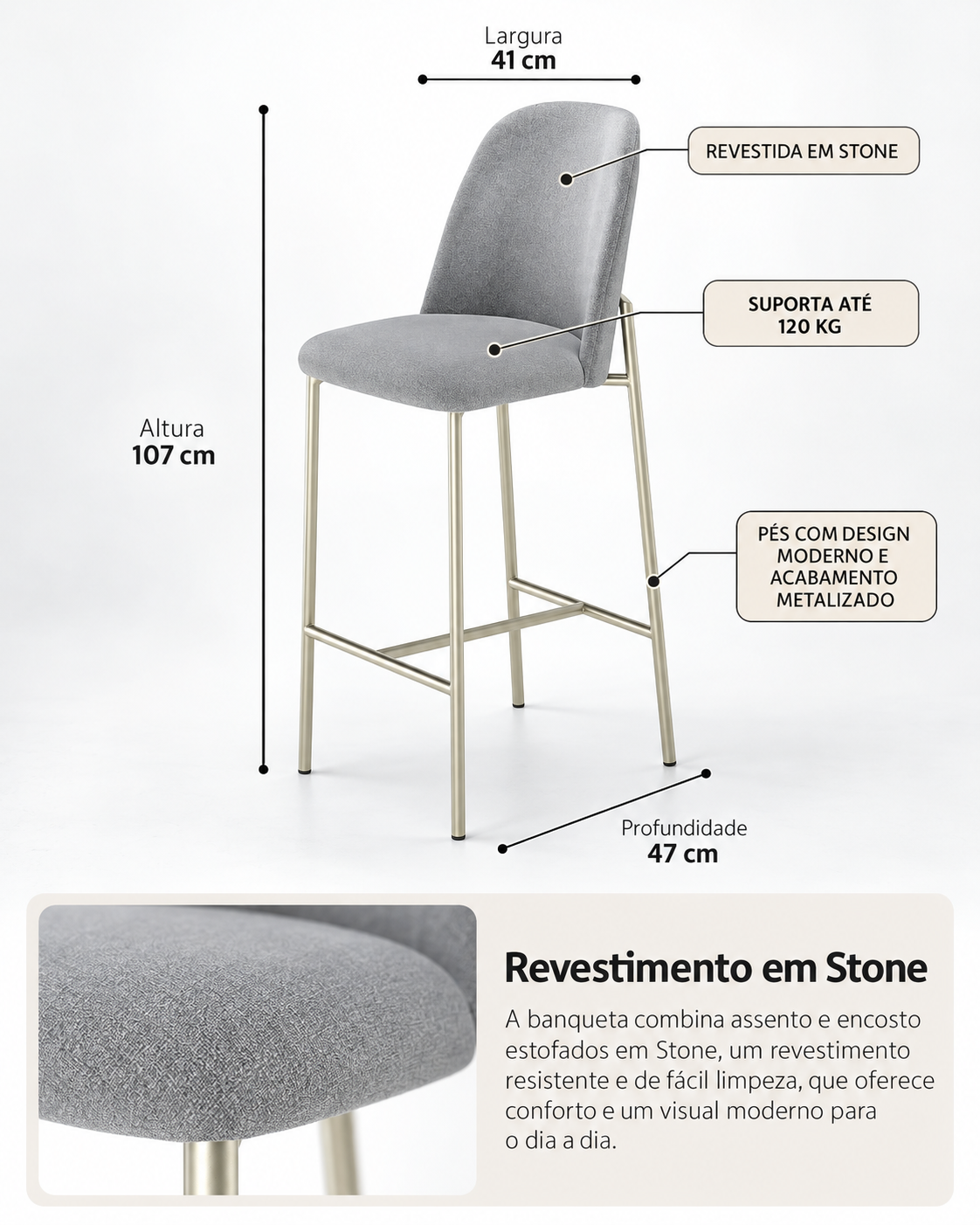 Banqueta Alta de Aço Estofada Lucille - Champanhe c/ Stone Carbono
