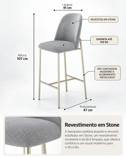 Banqueta Alta de Aço Estofada Lucille - Champanhe c/ Stone Carbono