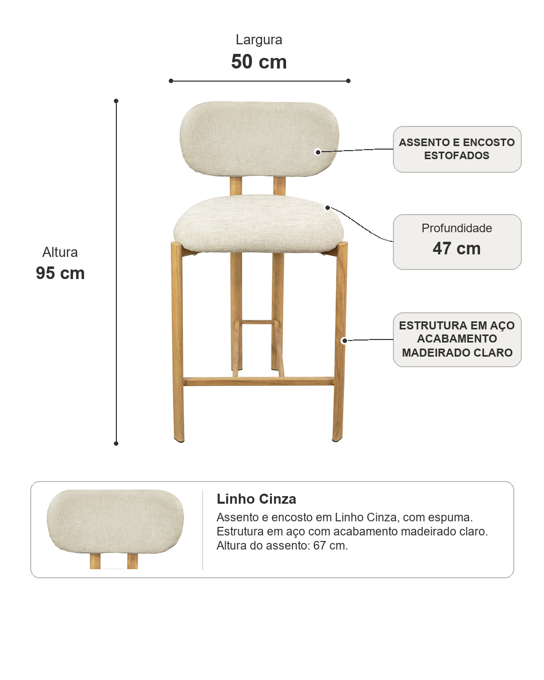 Banqueta Alta de Aço Estofada Tellar - Linho Cinza c/ Madeirado Claro