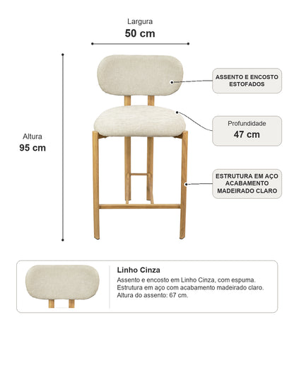 Banqueta Alta de Aço Estofada Tellar - Linho Cinza c/ Madeirado Claro