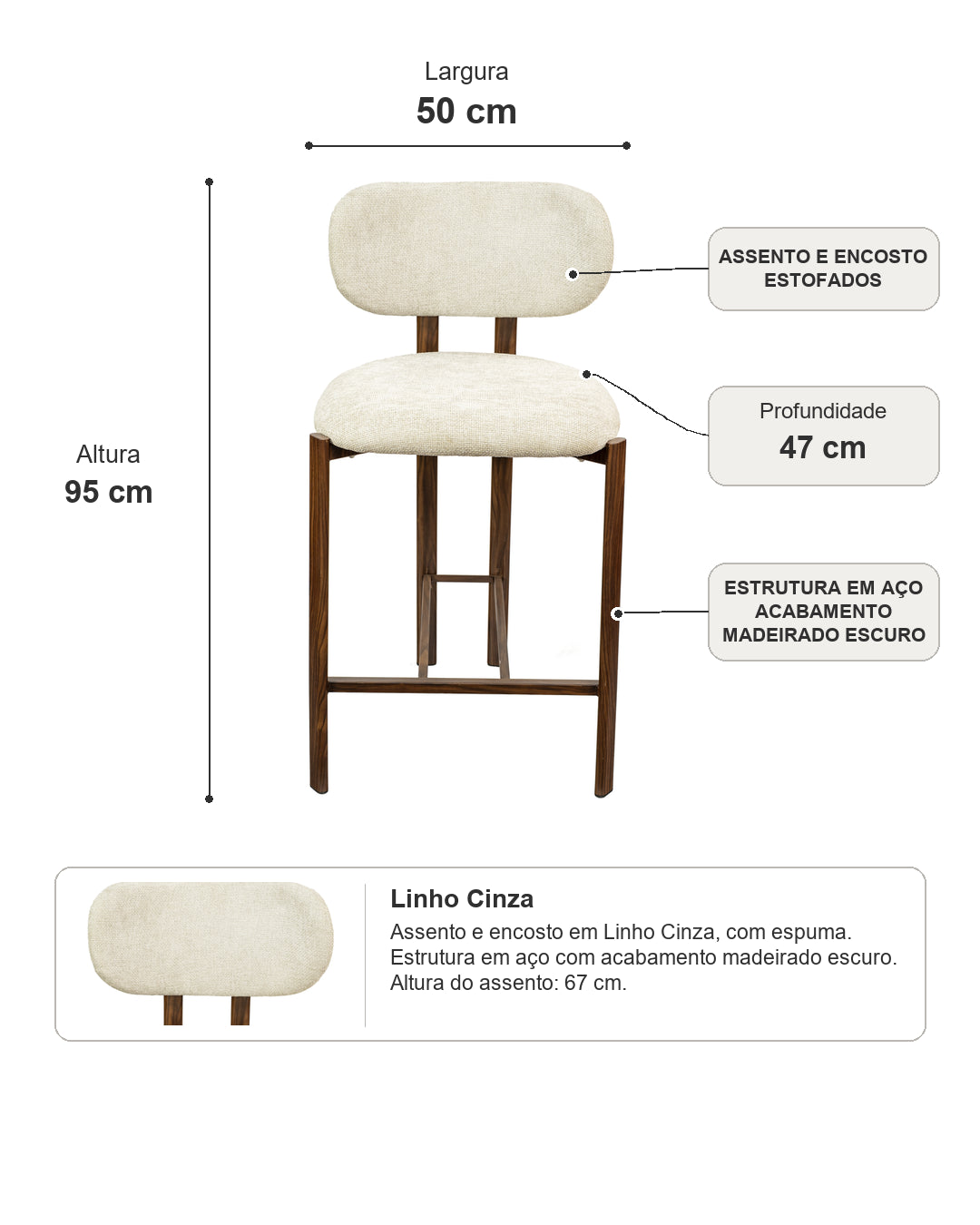Banqueta Alta de Estofada Tellar - Linho Cinza c/ Madeirado Escuro
