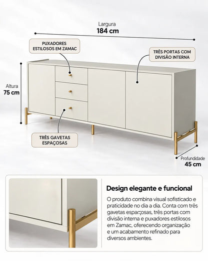 Buffet 3 Portas 3 Gavetas Jasper 184 cm - Off White Fosco c/ Dourado