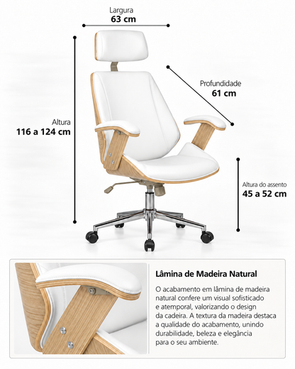 Cadeira de Escritório Presidente Giratória com Apoio de Braços e Regulagem de Altura Denver - Natural e Branca