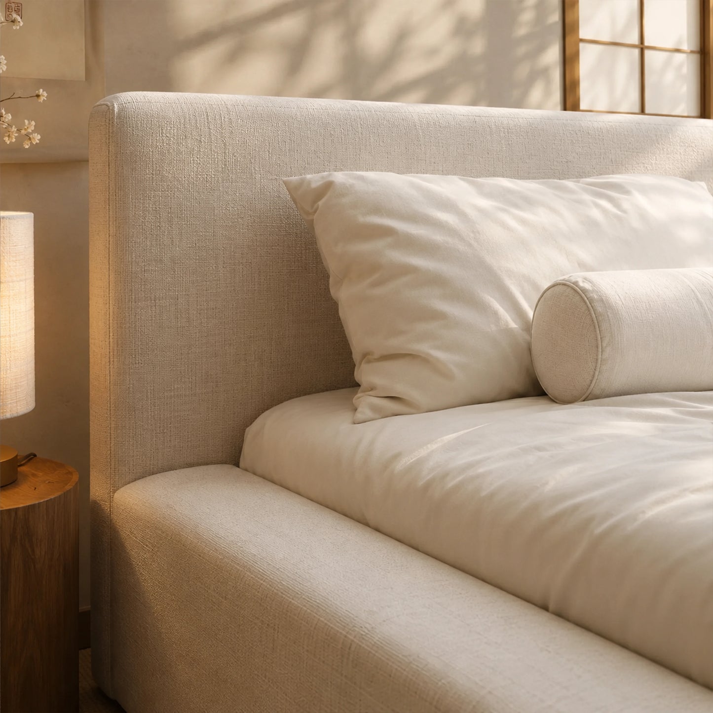Cama Estofada de Solteiro com Cabeceira Nora - Linho Off White
