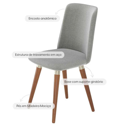 Conjunto de 8 Cadeiras de Madeira Maciça Estofada Dakota - Natural c/ Linho Cinza - Champanhe