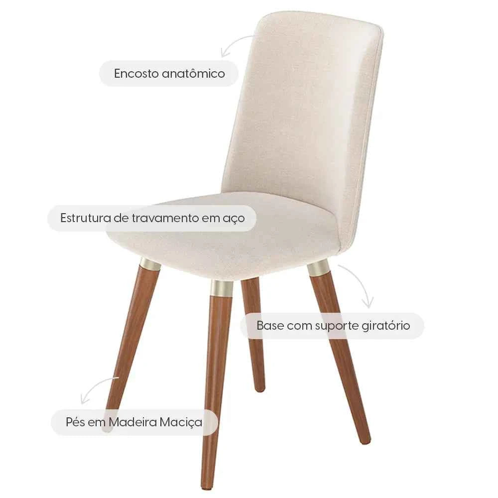 Conjunto de 8 Cadeiras de Madeira Maciça Estofada Dakota - Natural c/ Linho Off White - Champanhe