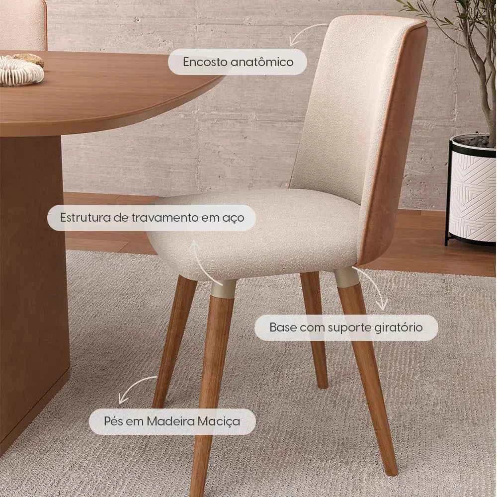 Conjunto de 4 Cadeiras de Madeira Maciça Estofada Dakota - Natural c/ Bouclé Fendi e PU Caramelo - Champanhe