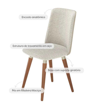 Conjunto de 8 Cadeiras de Madeira Maciça Estofada Dakota - Natural c/ Bouclé Cru e PU Off White - Champanhe