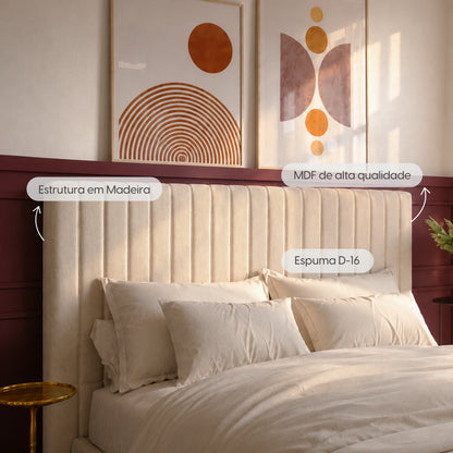 Cabeceira Casal Estofada Elara Canelada 140 cm - Linho Off White