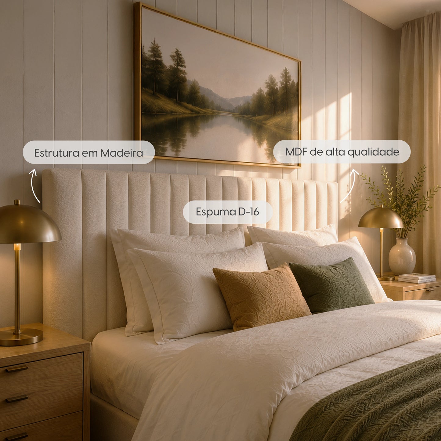 Cabeceira King Estofada Elara Canelada 193 cm - Linho Off White