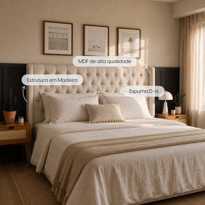Cabeceira Queen Estofada Liya Capitonê 175 cm - Linho Off White