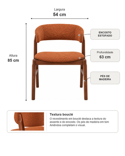 Cadeira de Madeira Maciça Estofada Loran - Natural c/ Boucle Terracota