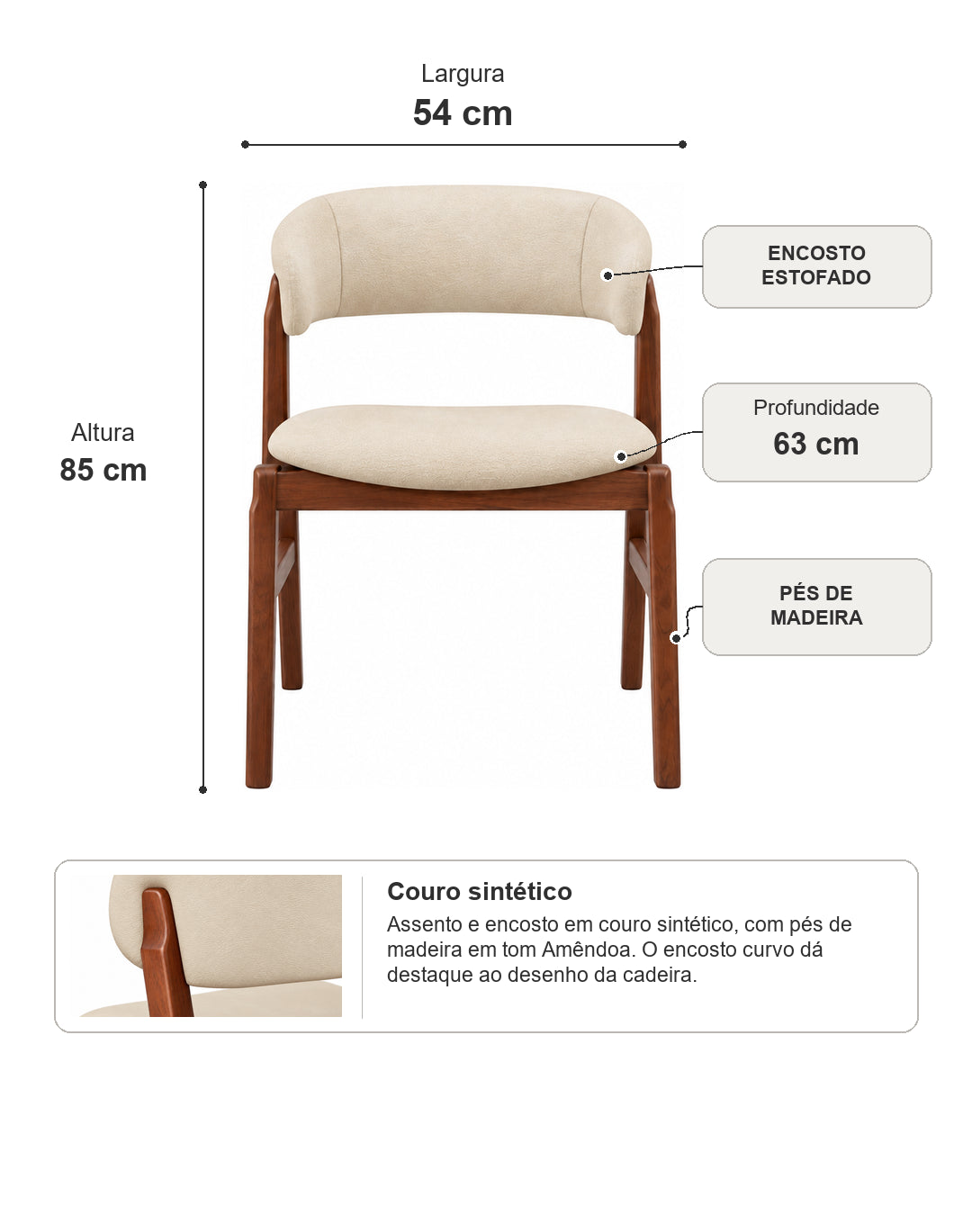 Cadeira de Madeira Maciça Estofada Loran - Natural c/ PU Bege