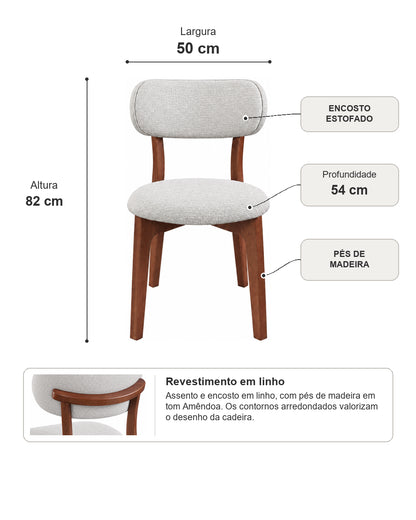 Cadeira de Madeira Maciça Estofada Elvor - Natural c/ Linho Off White