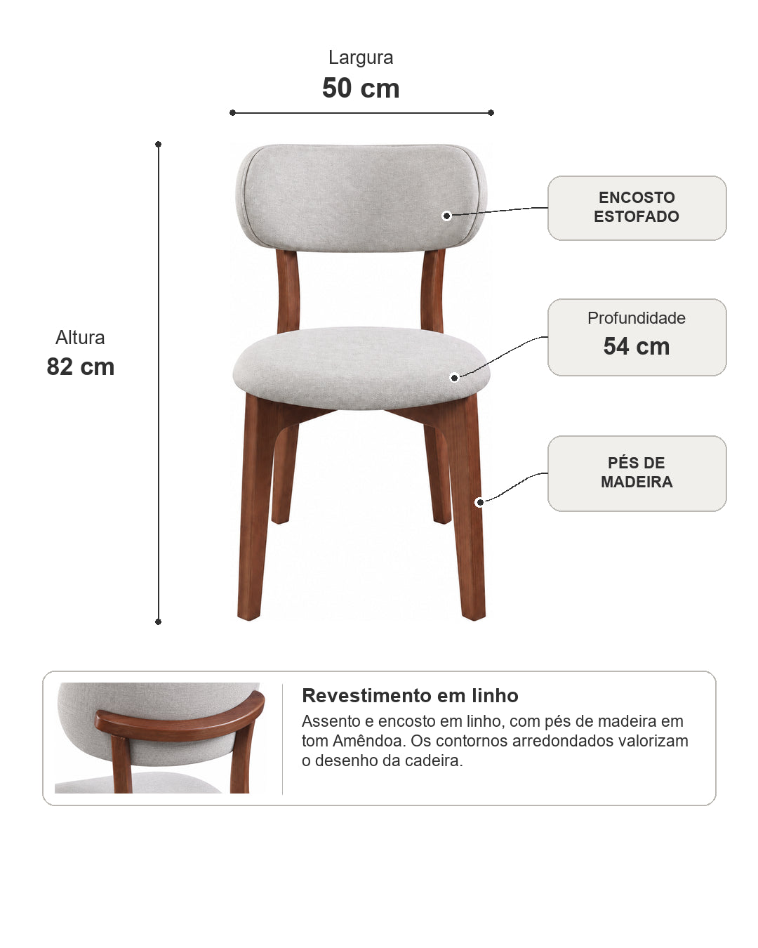 Cadeira de Madeira Maciça Estofada Elvor - Natural c/ Linho Cinza