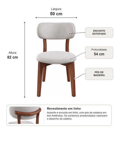 Cadeira de Madeira Maciça Estofada Elvor - Natural c/ Linho Cinza