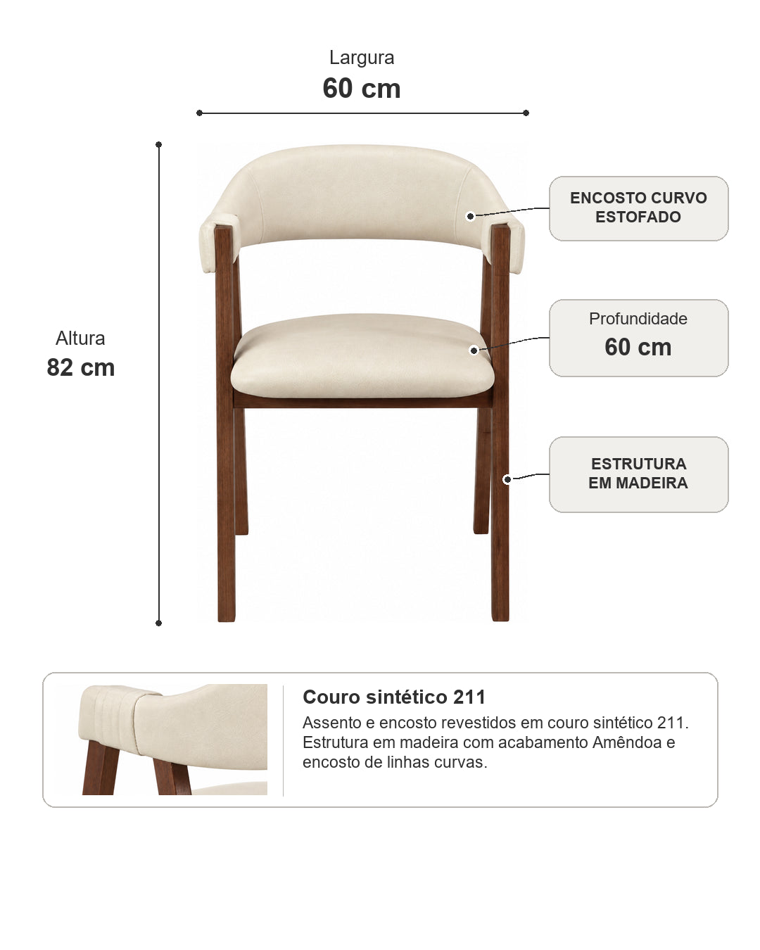 Cadeira de Madeira Maciça Estofada Tavora - Natural c/ PU Bege