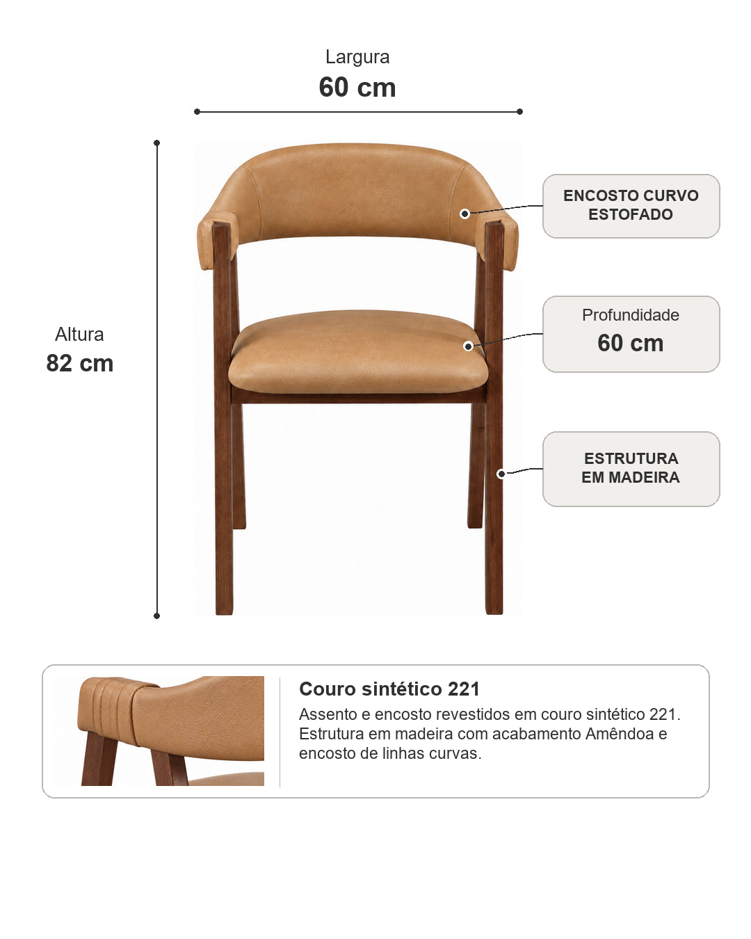 Cadeira de Madeira Maciça Estofada Tavora - Natural c/ PU Caramelo