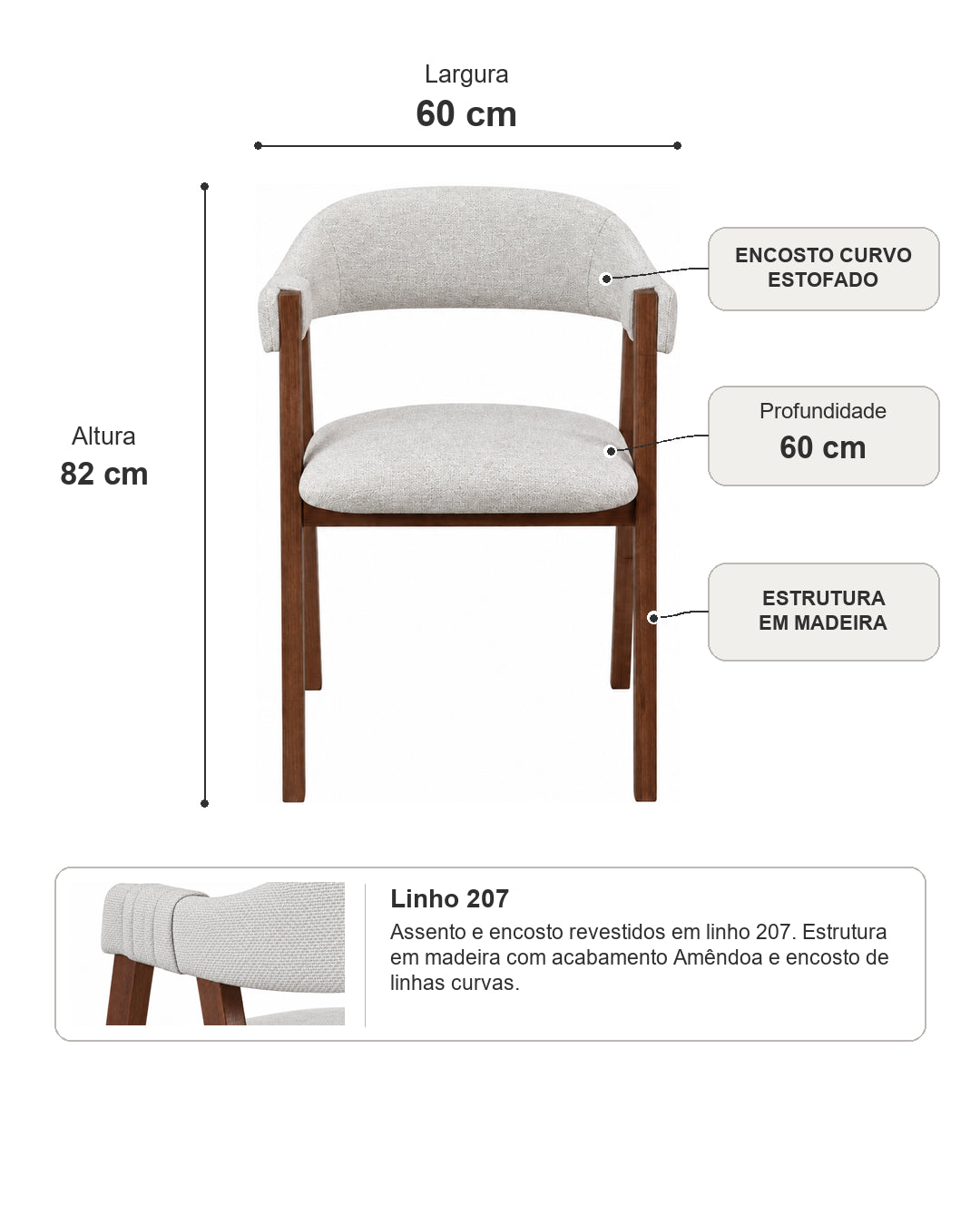 Cadeira de Madeira Maciça Estofada Tavora - Natural c/  Linho Off White