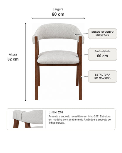 Cadeira de Madeira Maciça Estofada Tavora - Natural c/  Linho Off White