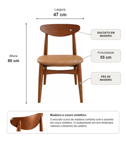 Cadeira de Madeira Maciça Estofada Stellan - Natural c/ PU Caramelo