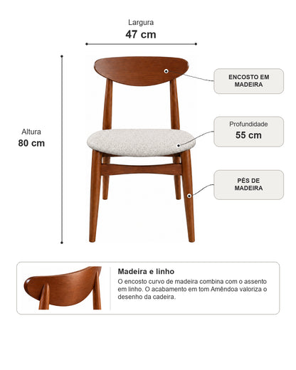 Cadeira de Madeira Maciça Estofada Stellan - Natural c/ Linho Off White
