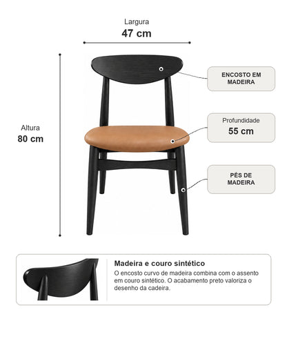 Cadeira de Madeira Maciça Estofada Stellan - Preto c/ PU Caramelo