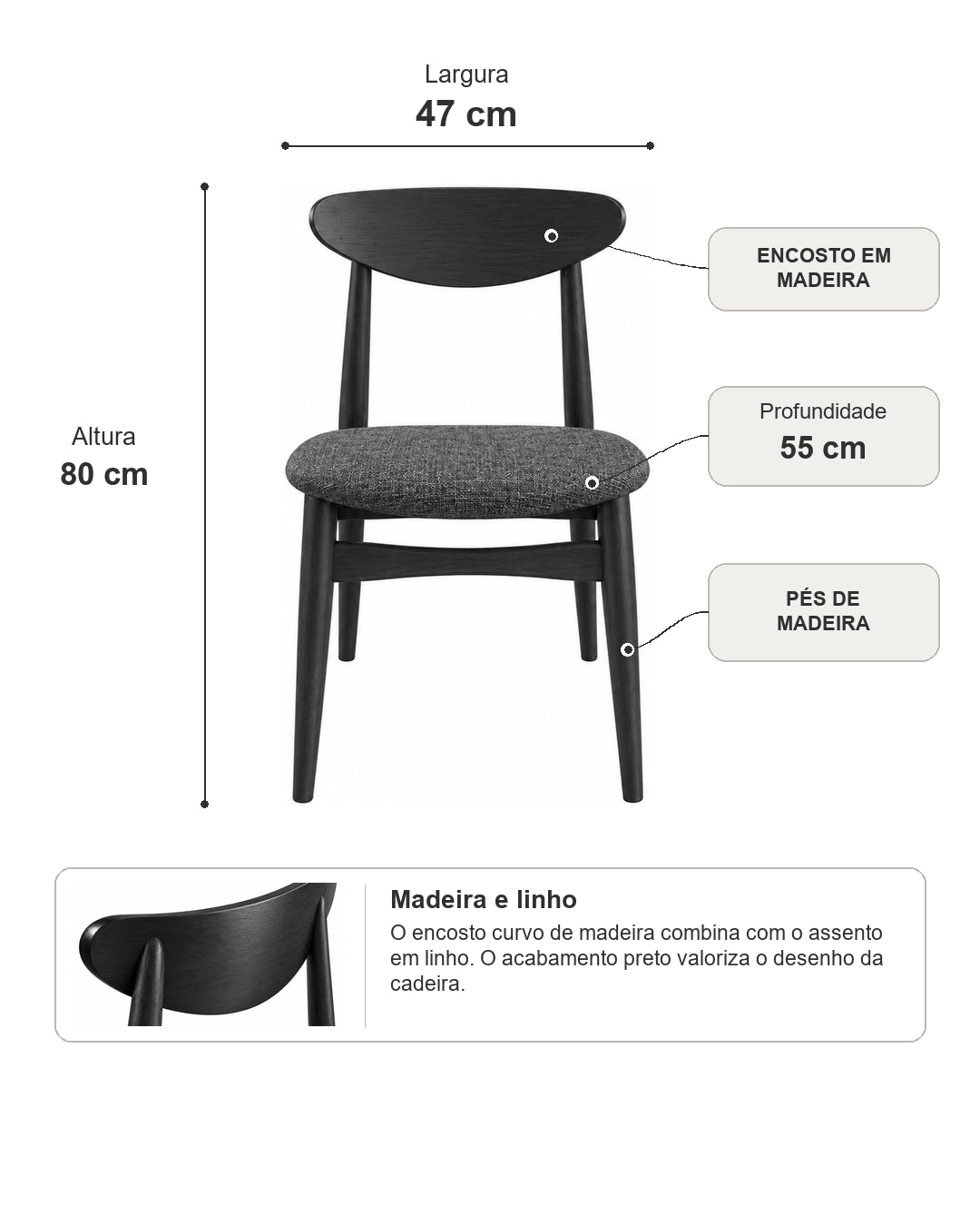 Cadeira de Madeira Maciça Estofada Stellan - Preto c/ Linho Chumbo