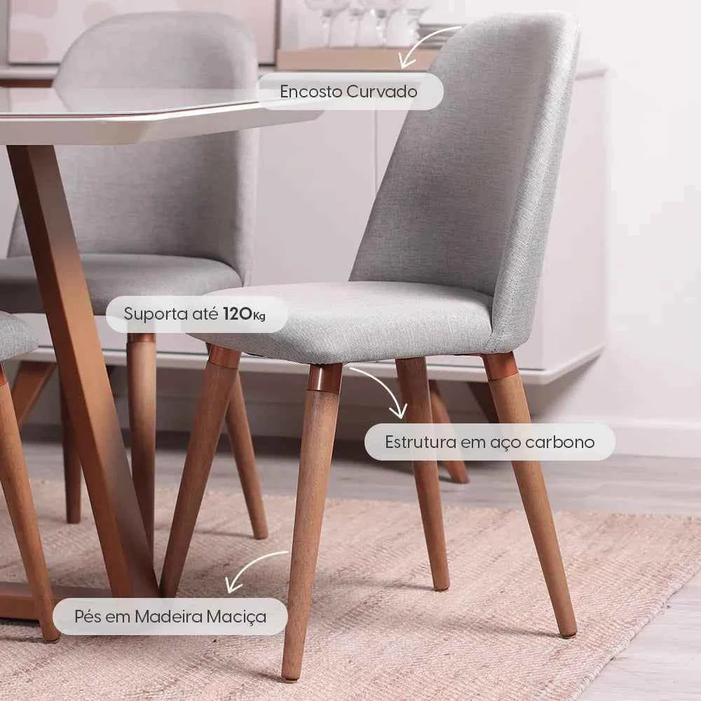 Conjunto de 2 Cadeiras de Madeira Maciça Estofada New Drop - Natural c/ Linho Cinza - Cobre