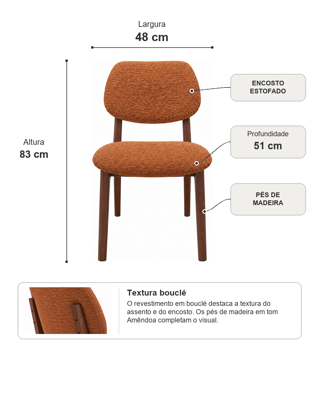 Cadeira de Madeira Maciça Estofada Nilo - Natural c/ Boucle Terracota