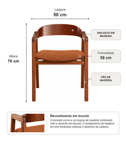 Cadeira de Madeira Maciça Estofada Eron - Natural c/ Boucle Terracota