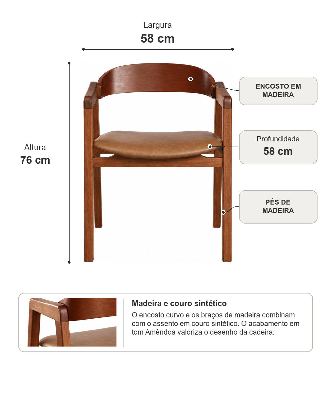 Cadeira de Madeira Maciça Estofada Eron - Natural c/ PU Caramelo