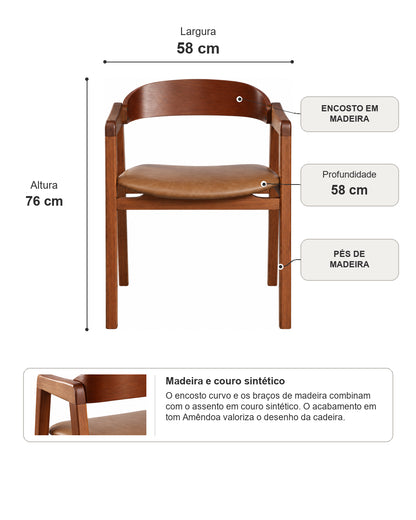 Cadeira de Madeira Maciça Estofada Eron - Natural c/ PU Caramelo