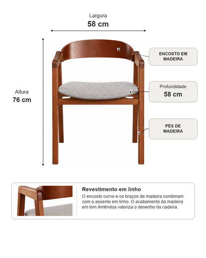 Cadeira de Madeira Maciça Estofada Eron - Natural c/ Linho Cinza