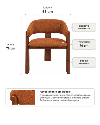 Cadeira de Madeira Maciça Estofada Lunea - Natural c/ Boucle Terracota