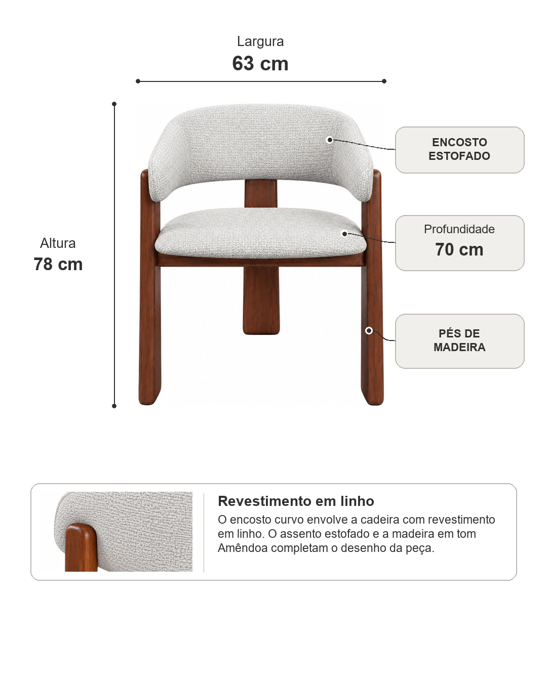 Cadeira de Madeira Maciça Estofada Lunea - Natural c/ Linho Off White